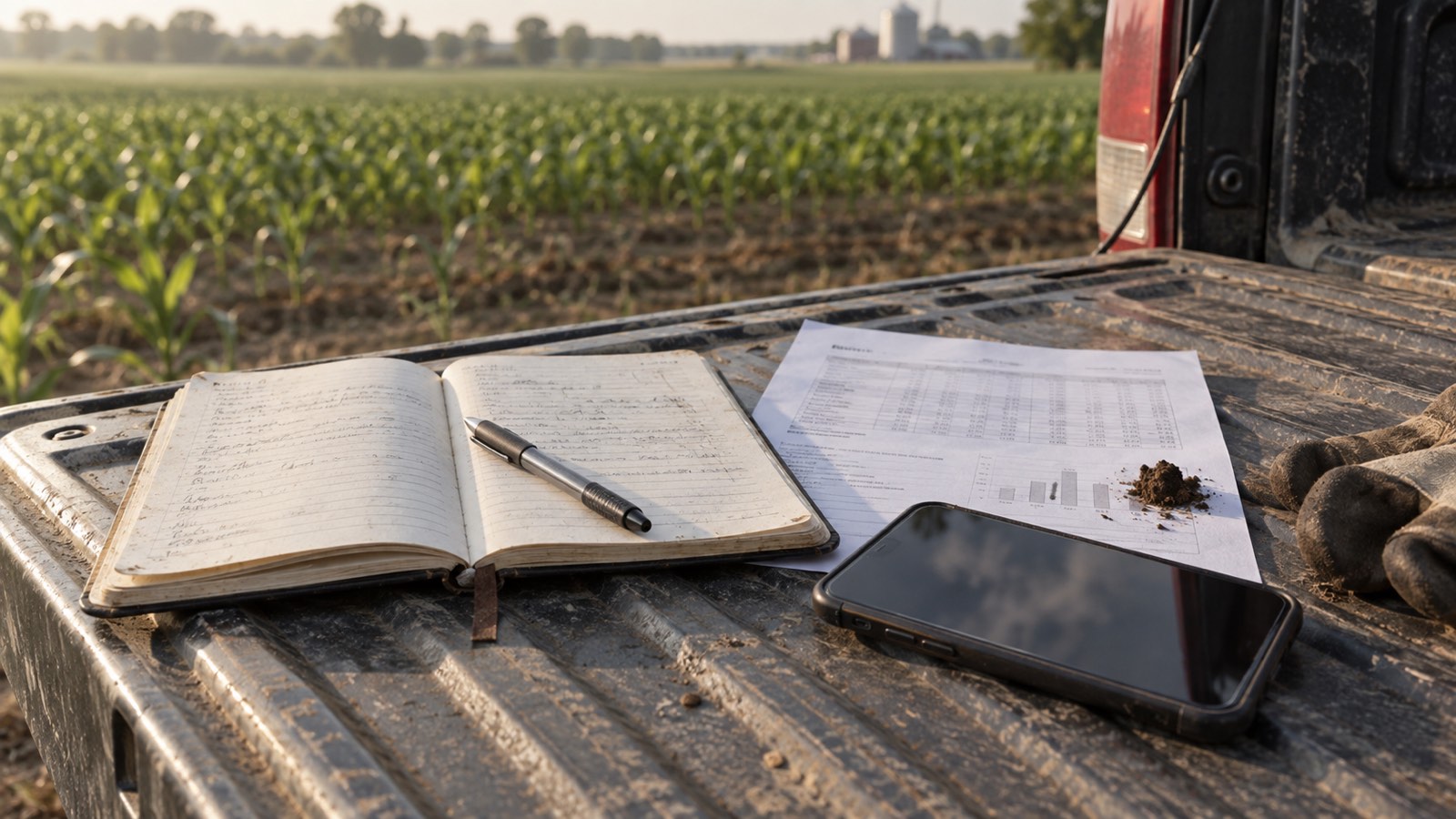 AI-generated illustration of a field notebook, soil report and phone on a truck tailgate beside crops.