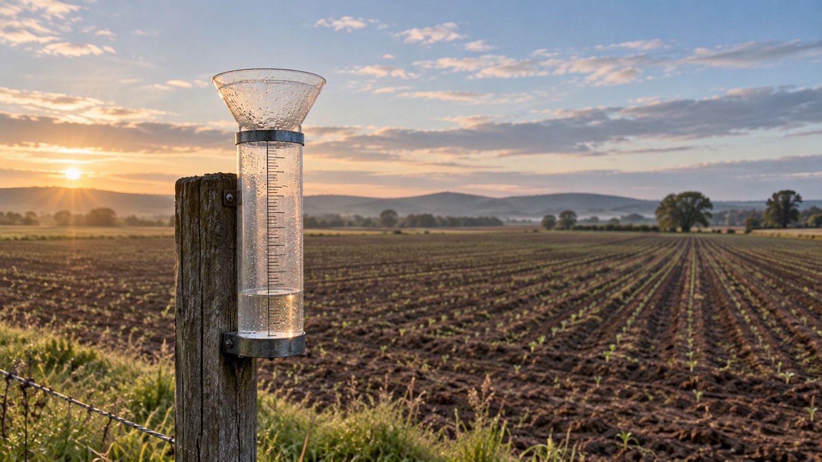 AI-generated illustration of a rain gauge beside a freshly sown field in morning light.