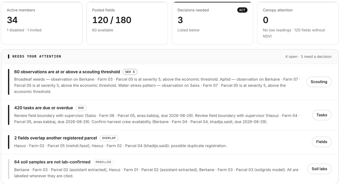 The console Overview: members, pooled fields and decisions needed, then a list of what needs attention, each with its fields.